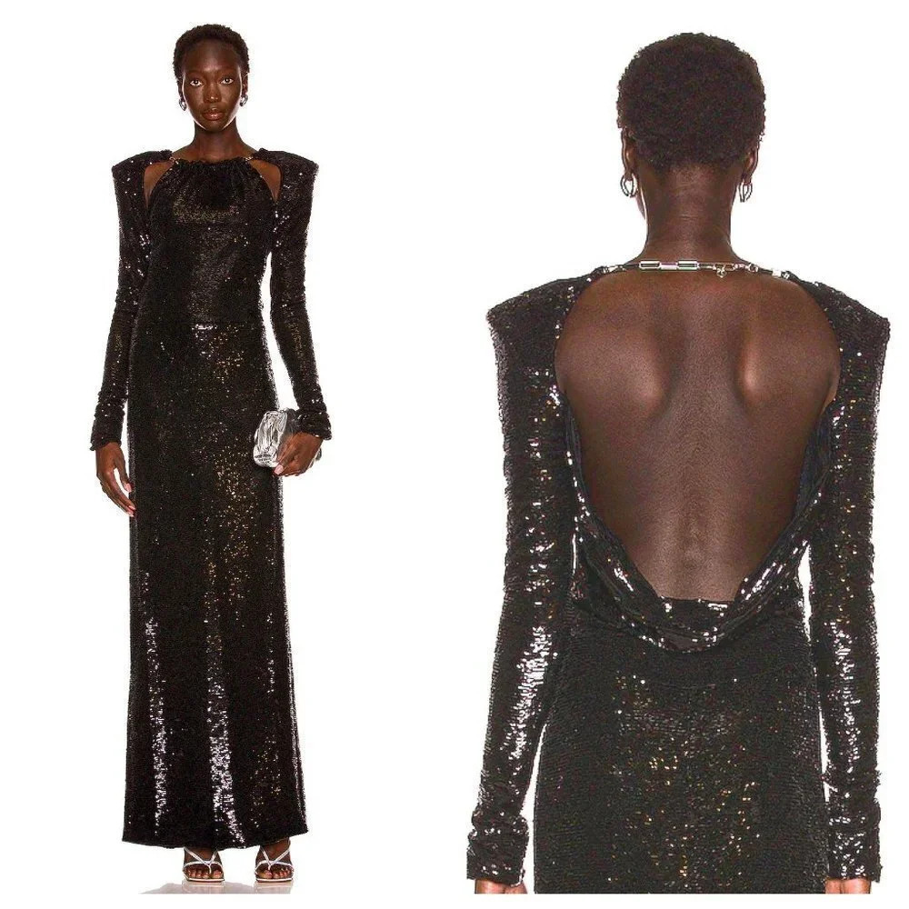 THE ATTICO Sequin Cut Out Chain Neck Gown in Black 42 4-6 New Long Maxi Dress